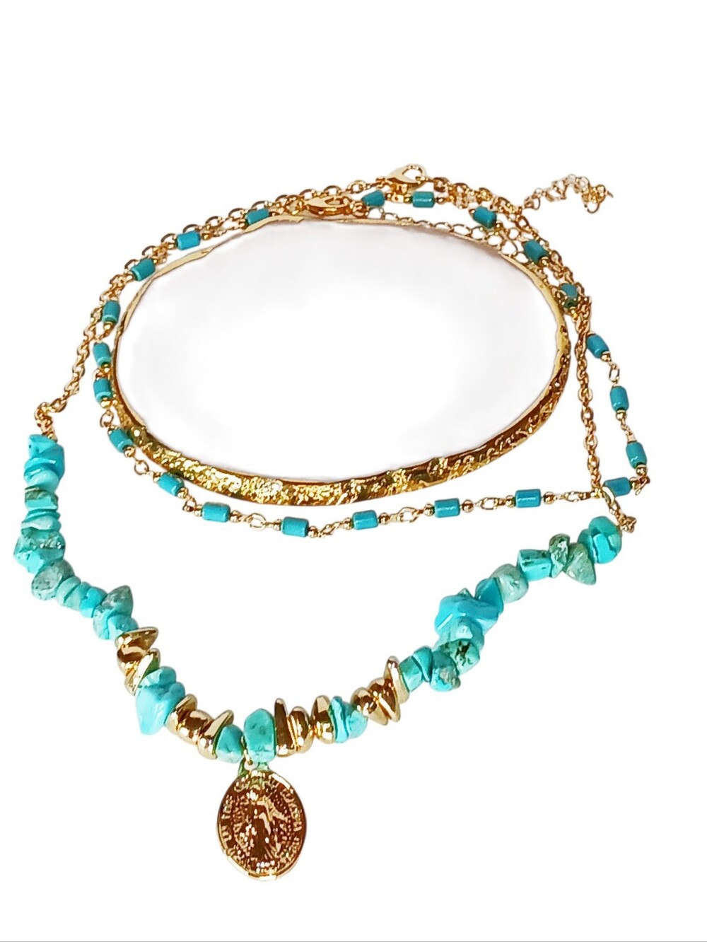 Gold Coin Medallion Turquoise Necklace Set Boho Chic Western Coastal Cowgirl